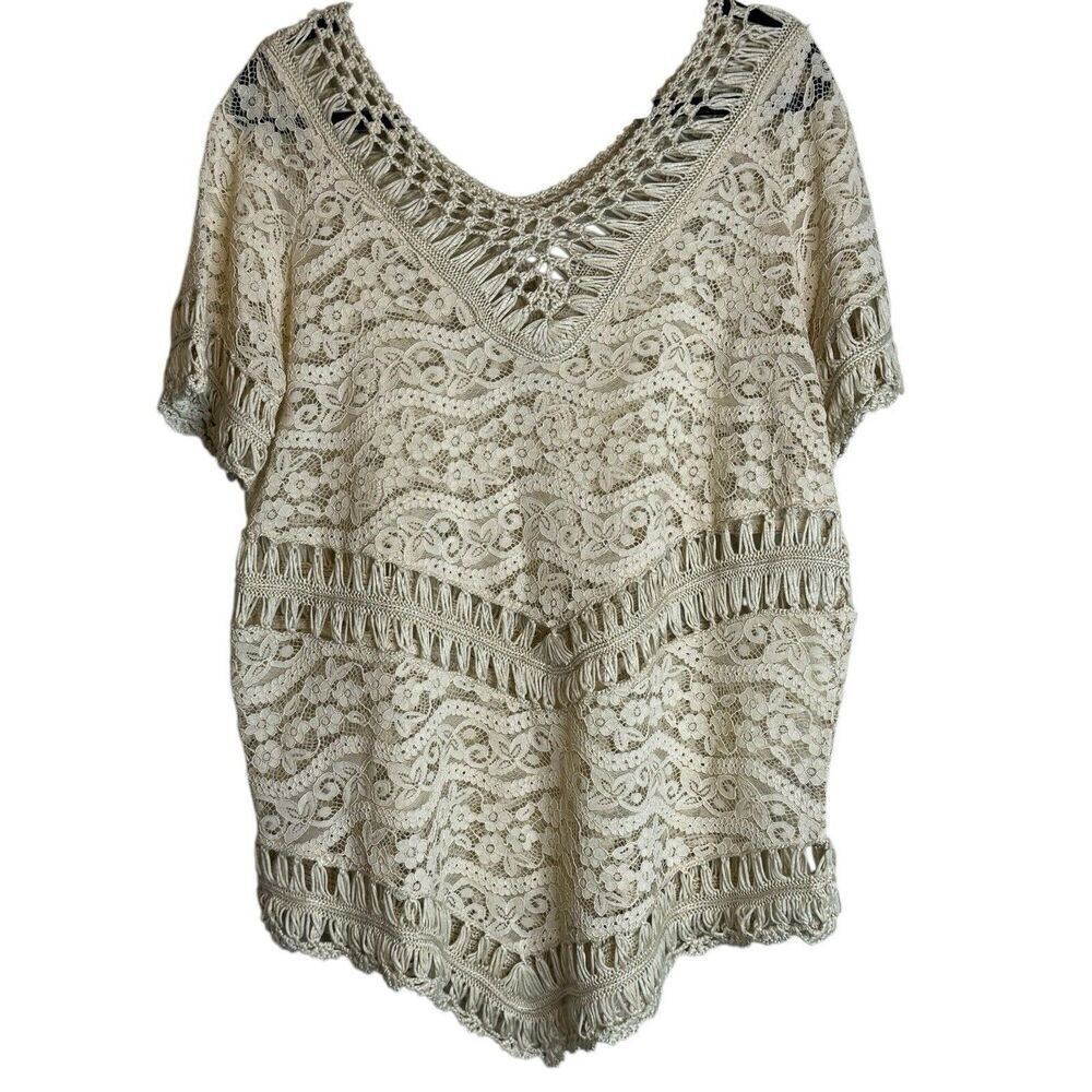 Embroidered Lace Crochet Short Sleeve Ivory Blouse Top Cami Sz S Boho Y2K Retro